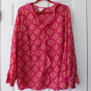 Liz Claiborne | Pink Pattern Ruffle Front Blouse